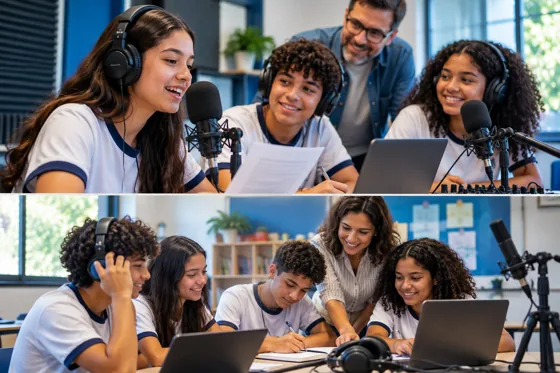 Equipe escolar produzindo podcasts — ilustração — Rádio Escolar, Escola em Rede