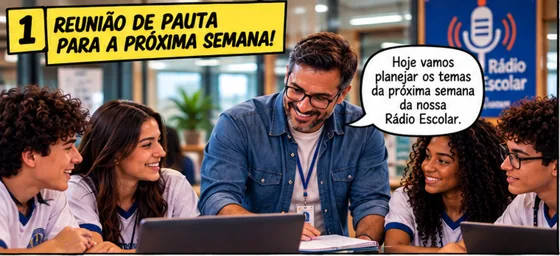 Reunião de pauta para a próxima semana — quadrinhos — Rádio Escolar, Escola em Rede