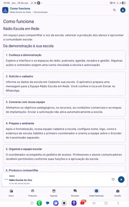 Como funciona — aplicativo de demonstração — Rádio Escolar, Escola em Rede