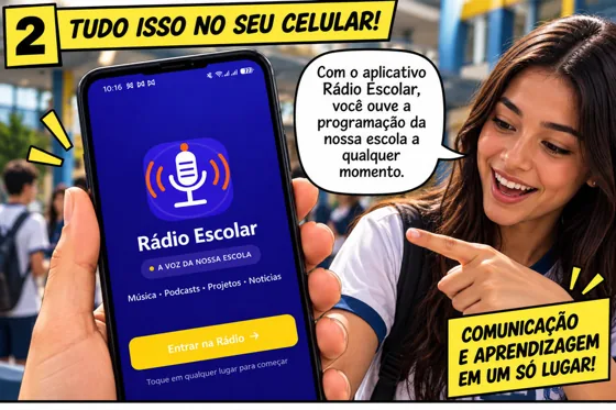 Tudo isso no seu celular — arte ilustrativa — Rádio Escolar, Escola em Rede