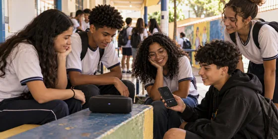 Estudantes atentos à rádio escolar — Rádio Escolar, Escola em Rede