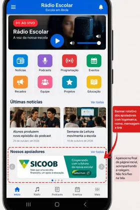 Aplicativo Rádio Escolar com apoiadores — mockup — Rádio Escolar, Escola em Rede